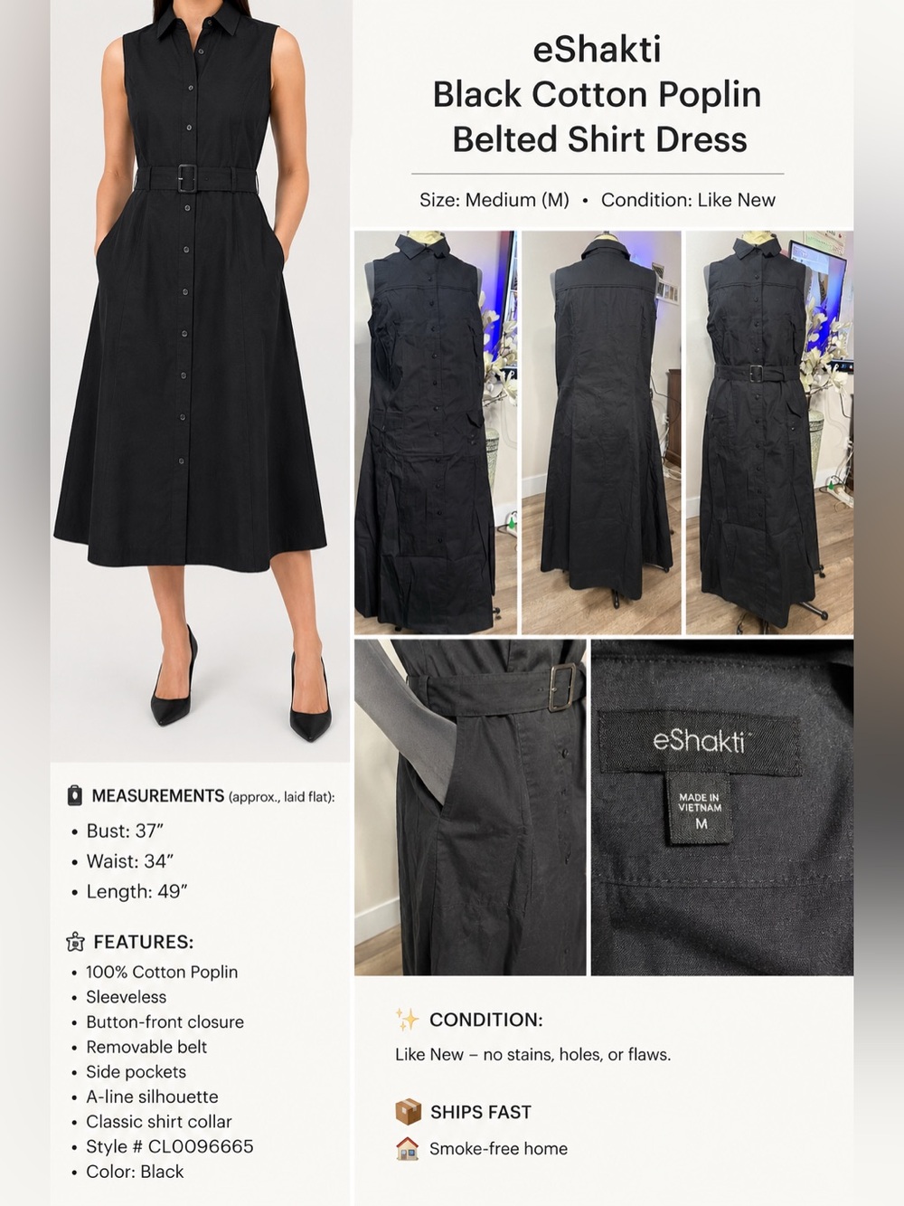 eshakti Black Sleeveless Cotton Poplin Midi Belted Skirt